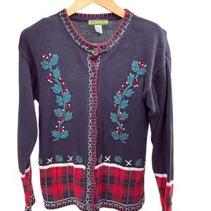 Bryn Connelly Vintage Christmas Holiday Cardigan Sweater Holly Plaid Button Up S